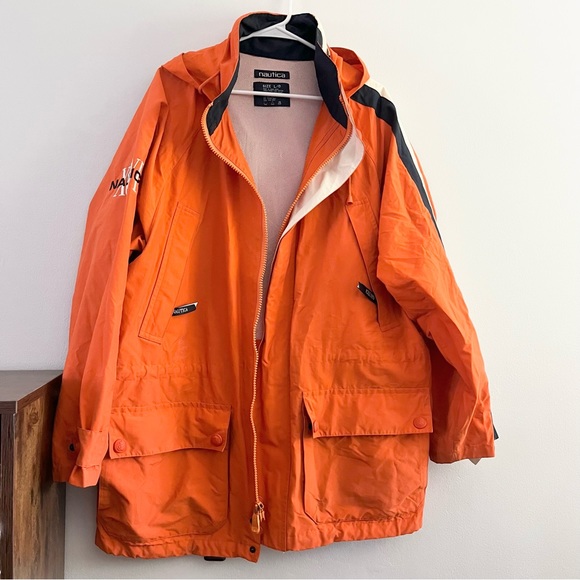 Nautica Jackets & Coats Nautica Rain Jacket Windbreaker W Adjustable Waist Orange Stripe And